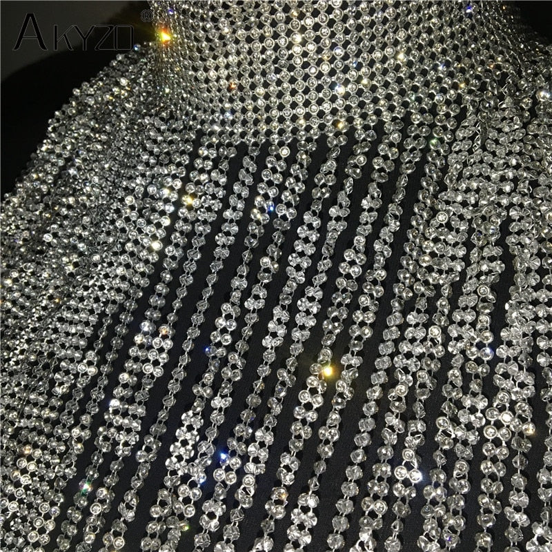 Rhinestone Turtleneck Tassel Mini Dress Drape