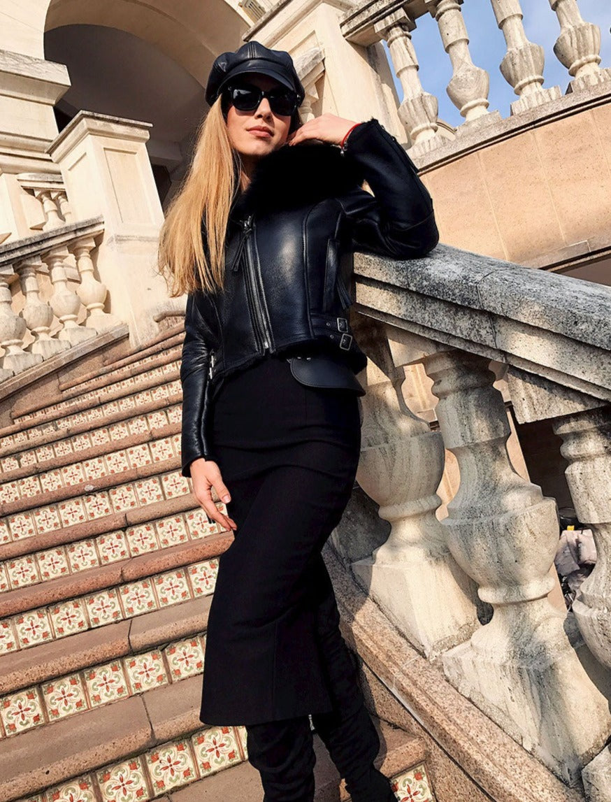 Genuine Leather Jackets Real Fur Collar MOTO Jackets