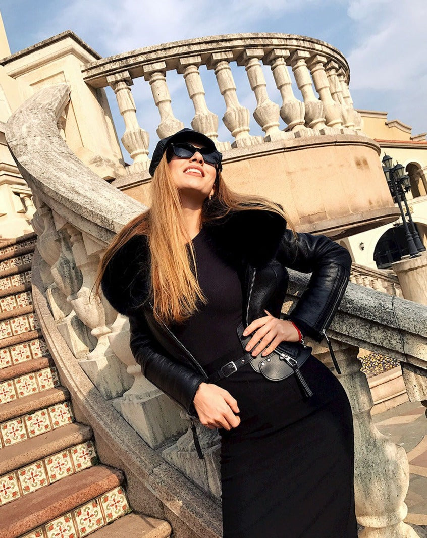Genuine Leather Jackets Real Fur Collar MOTO Jackets