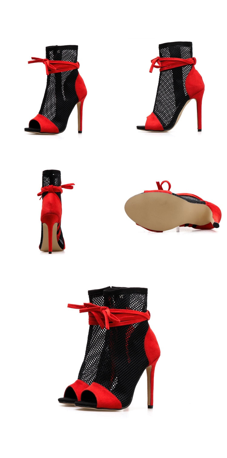 Red & Black Peep-toe Stiletto Bandage Ankle Boots