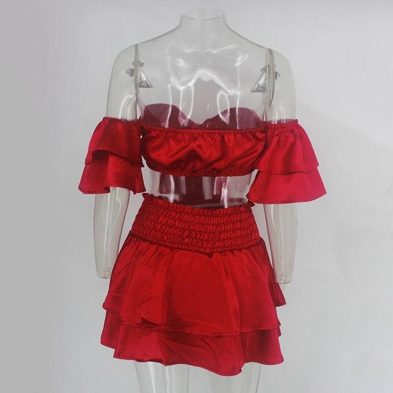 V Neck Ruffle Bow Tie Crop Top and Skirt Sets