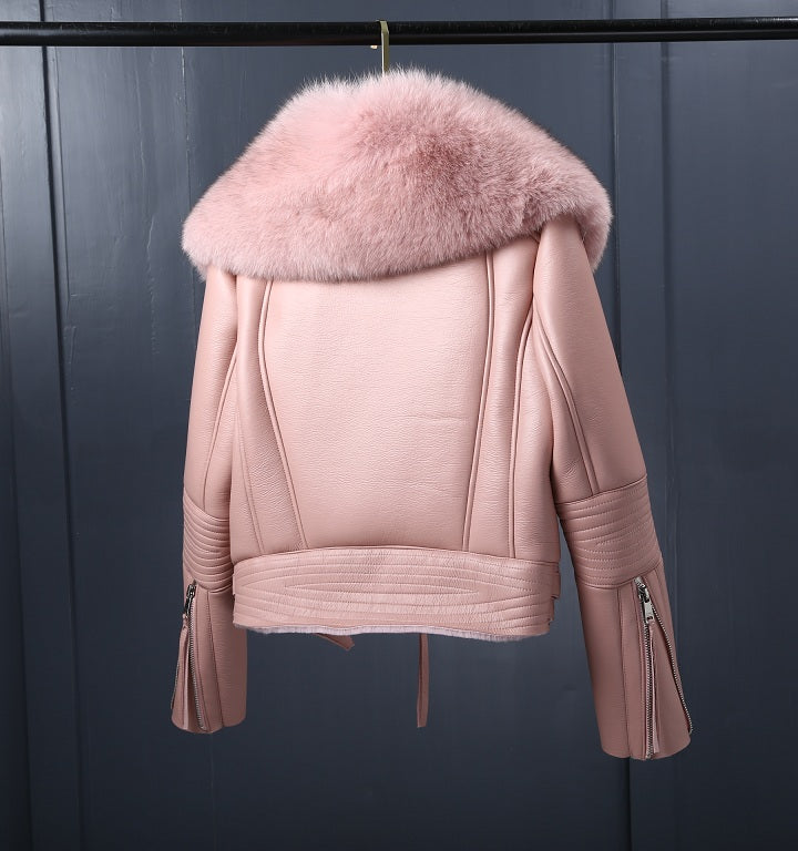 Genuine Leather Jackets Real Fur Collar MOTO Jackets