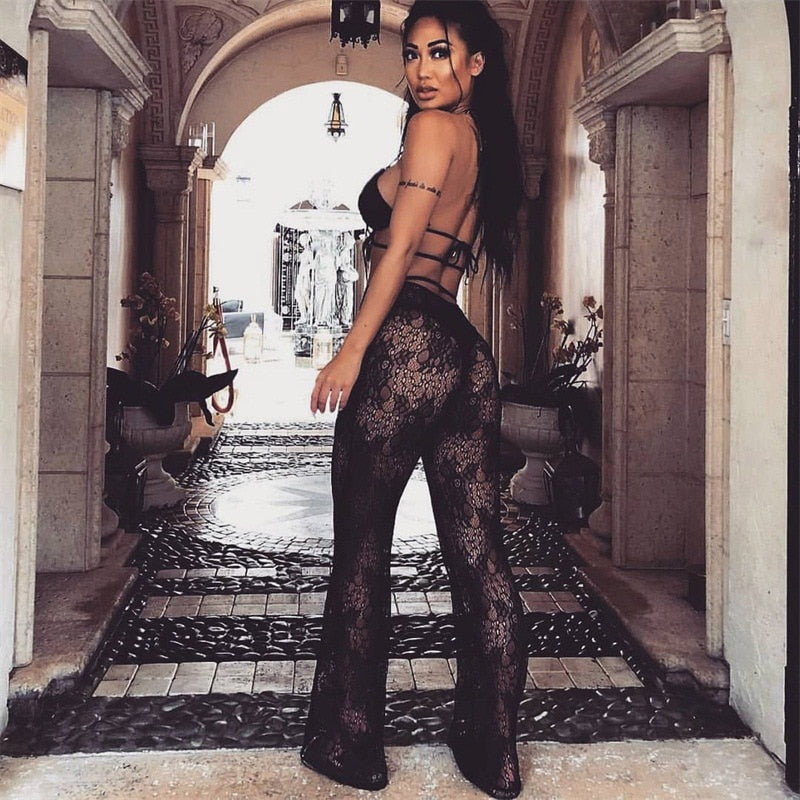 See-through Lace High Waist Flare Pants