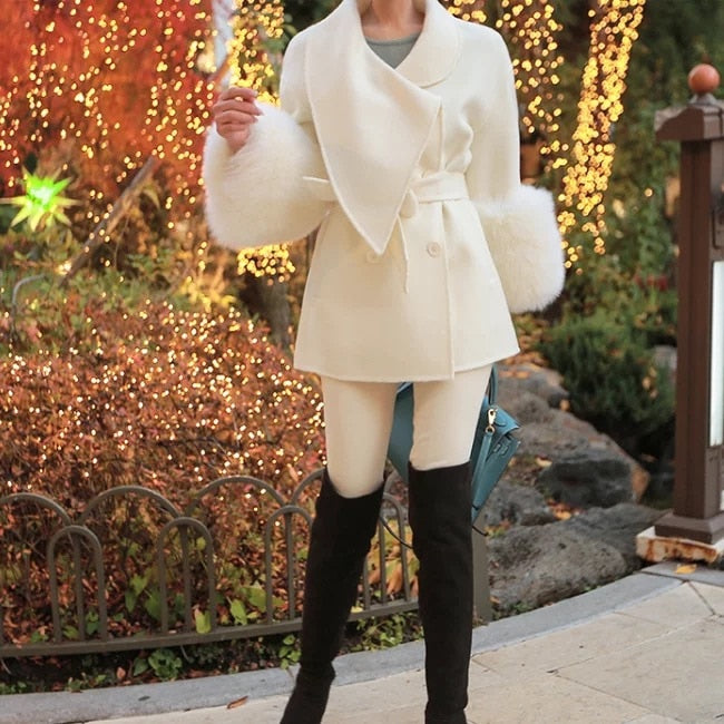 Double Faced Wool Cashmere Real Fox Fur Cuffs Coats