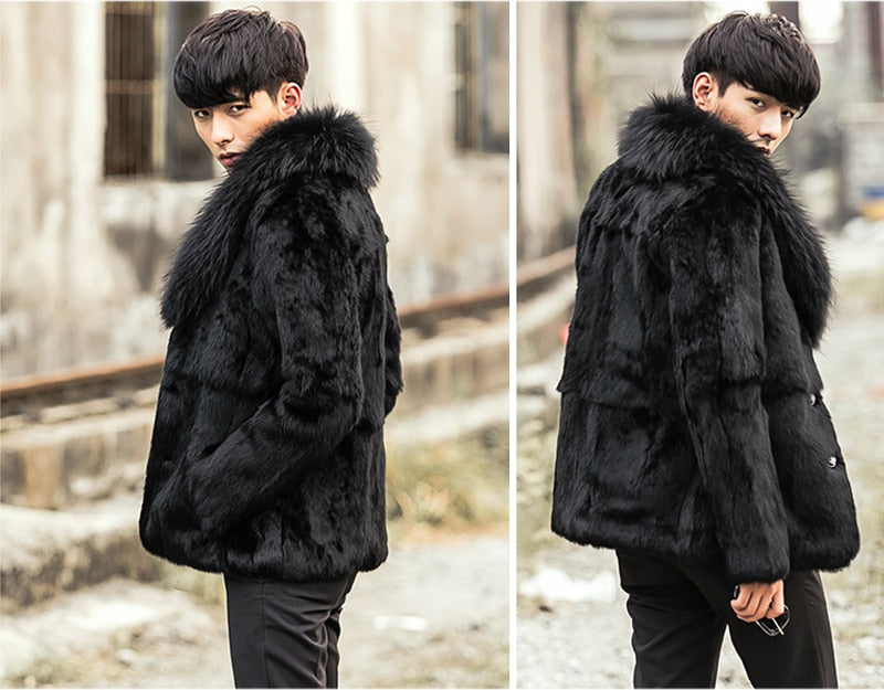 Natural Black Short Rex Rabbit Fur With Fox Fur Collar/Hood