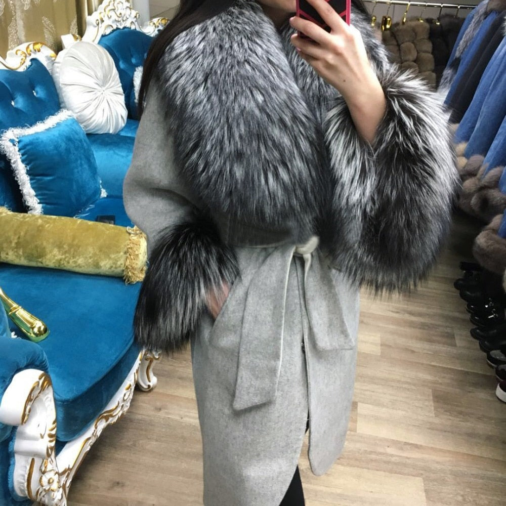 Natural Woolen With Thick Fox Fur Collar/Cuffs Coats