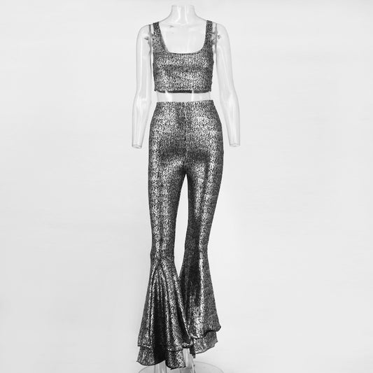 Sparkly Off Shoulder Ruffles Wide Leg Jumpsuits