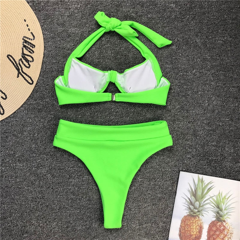 Neon High Waist Thong Bikini Sets
