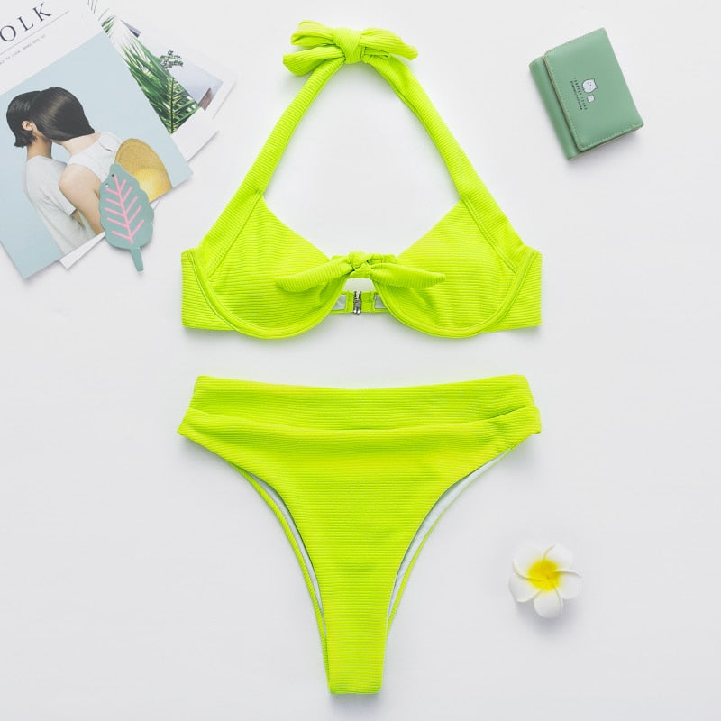 Neon High Waist Thong Bikini Sets