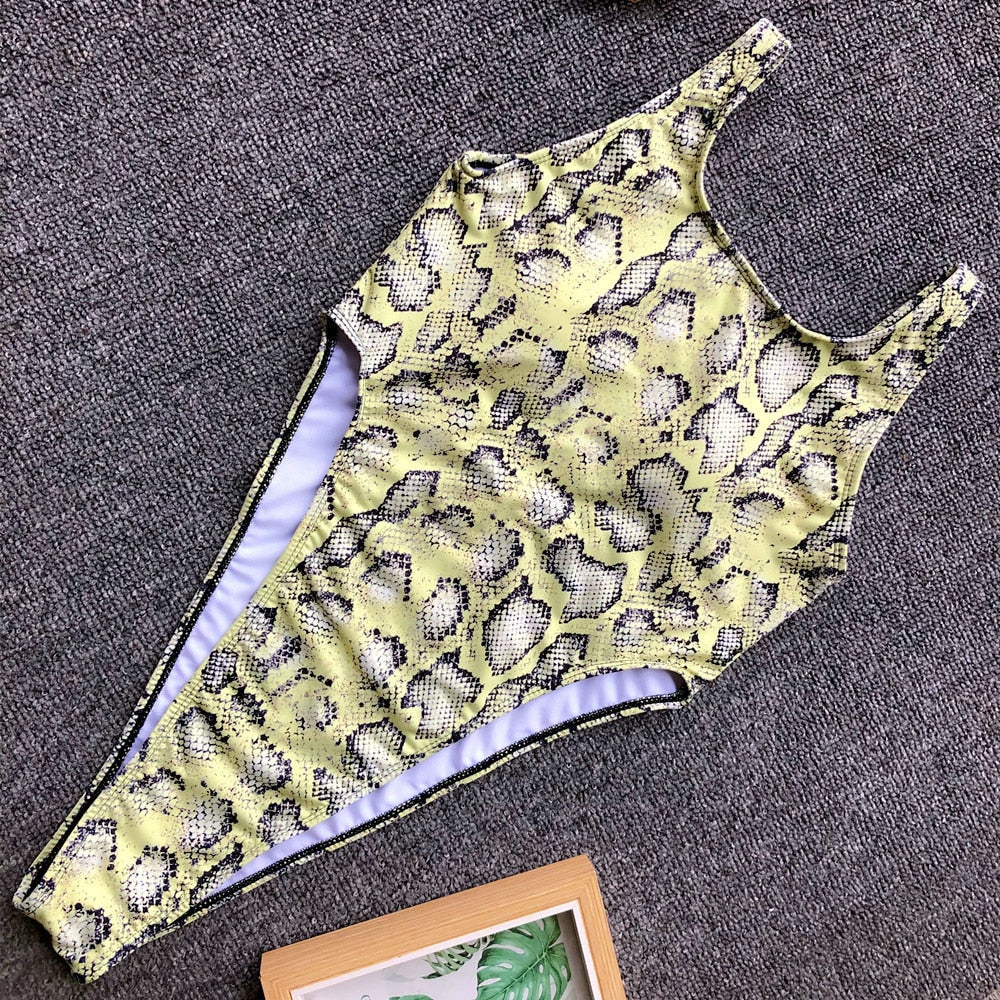 Snake Print High Cut Chain Bodysuits