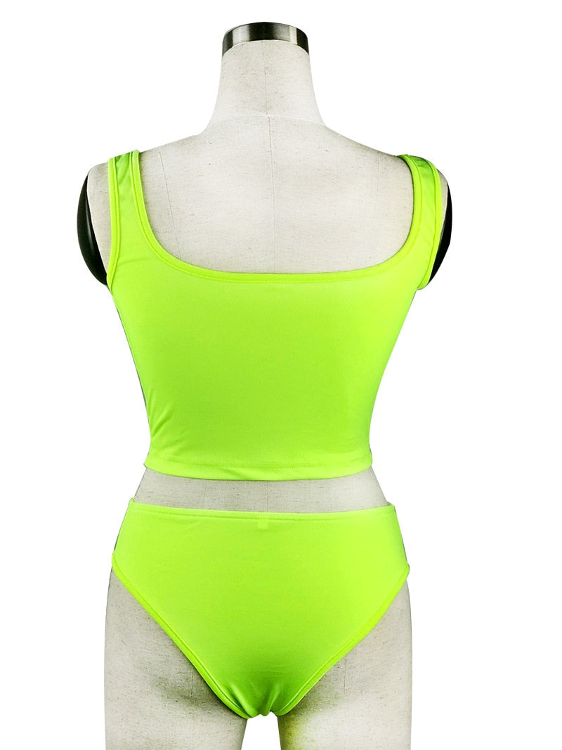 Neon Crop Tank Top High Waist Bikini Sets