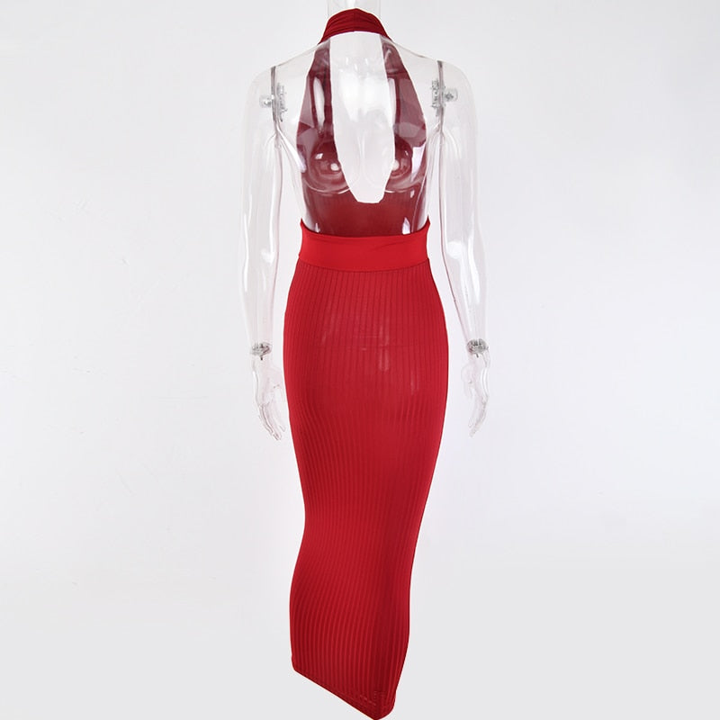 Halter Deep V Backless Pencil Long Bodycon Dresses
