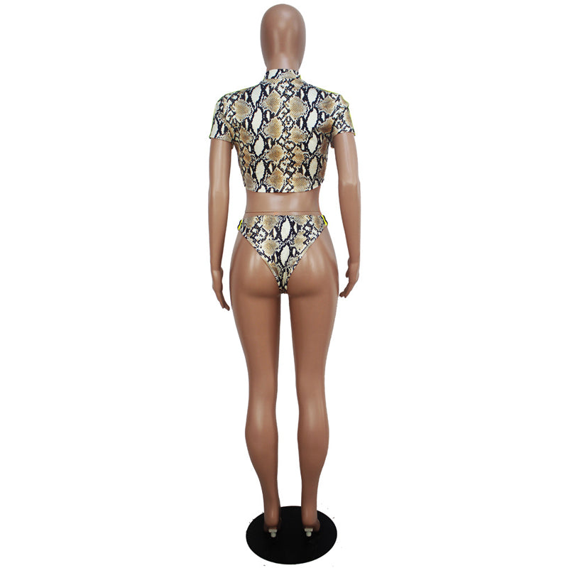 Snake Print Stripe Short Sleeve Zip Bikini Set
