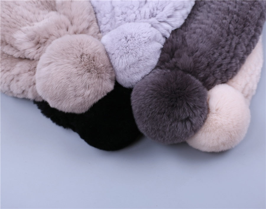 Real Rabbit Fur Knitted Beanies with Real Fur Pom Pom