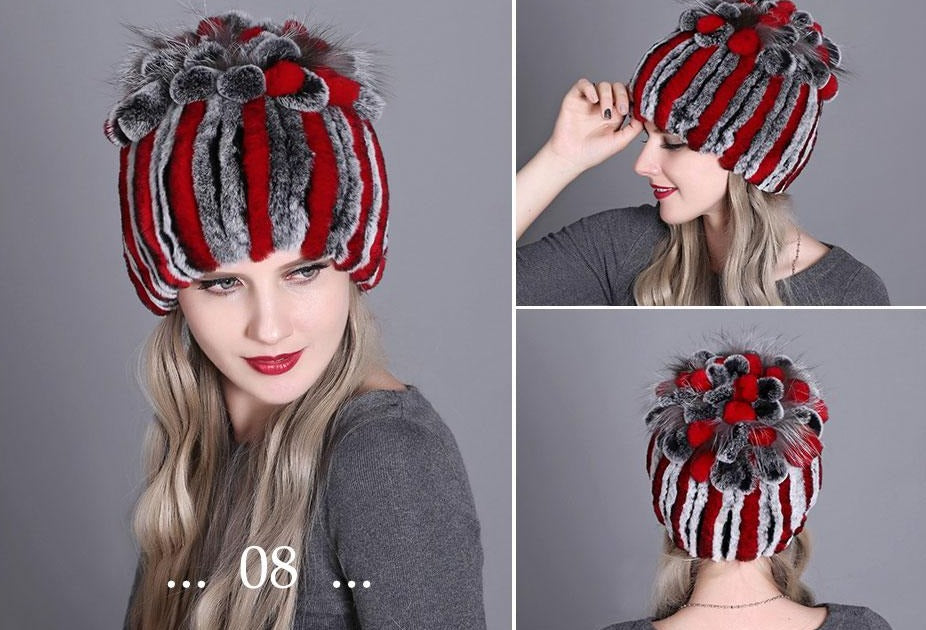 Genuine Rex Rabbit & Fox Fur Striped Beanies
