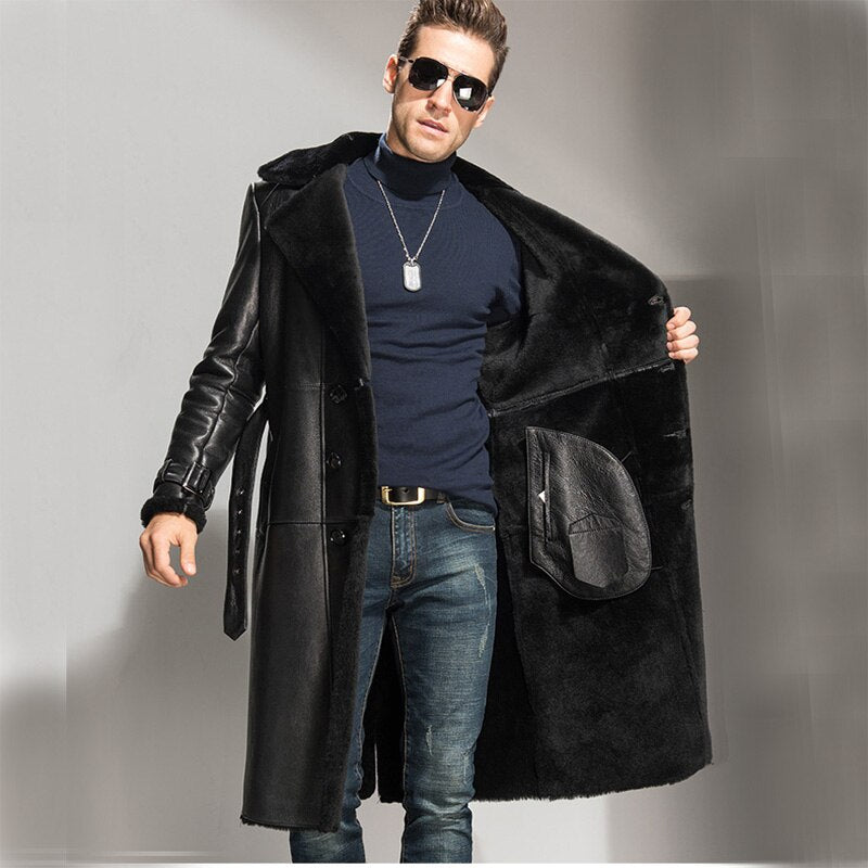 Black Genuine Leather Shearling Coat Long
