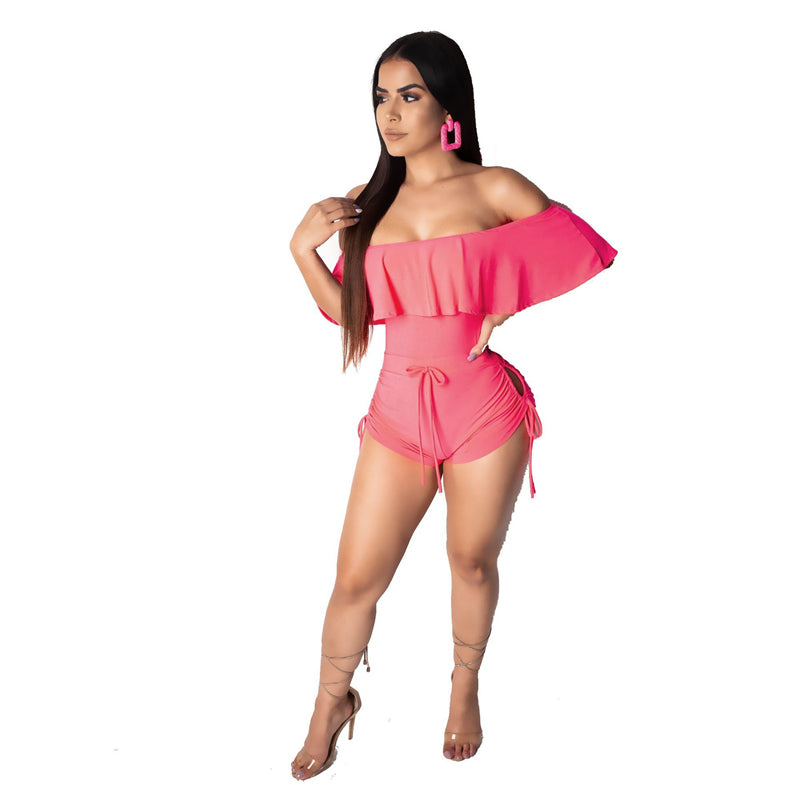 Drape Ruffle Off Shoulder Hollow Side Rompers