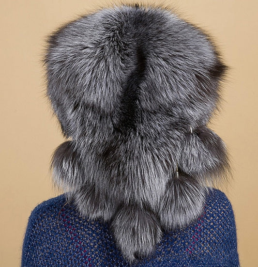 Silver/Red Fox Fur With Back Pom Poms Fox Tail Cap