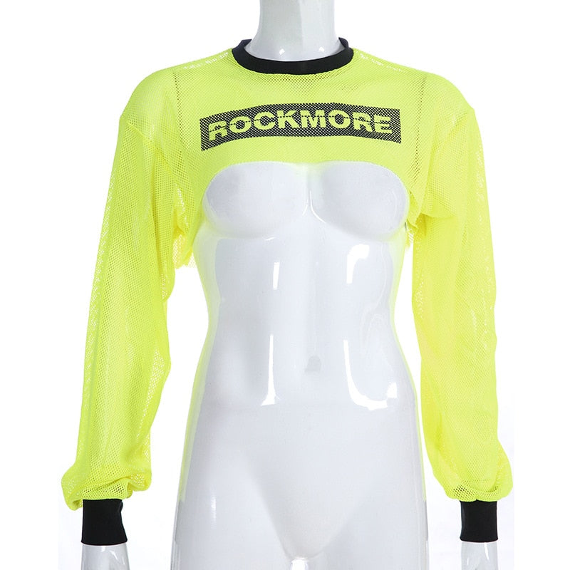 Neon Mesh Long Sleeve Micro Crop Tops