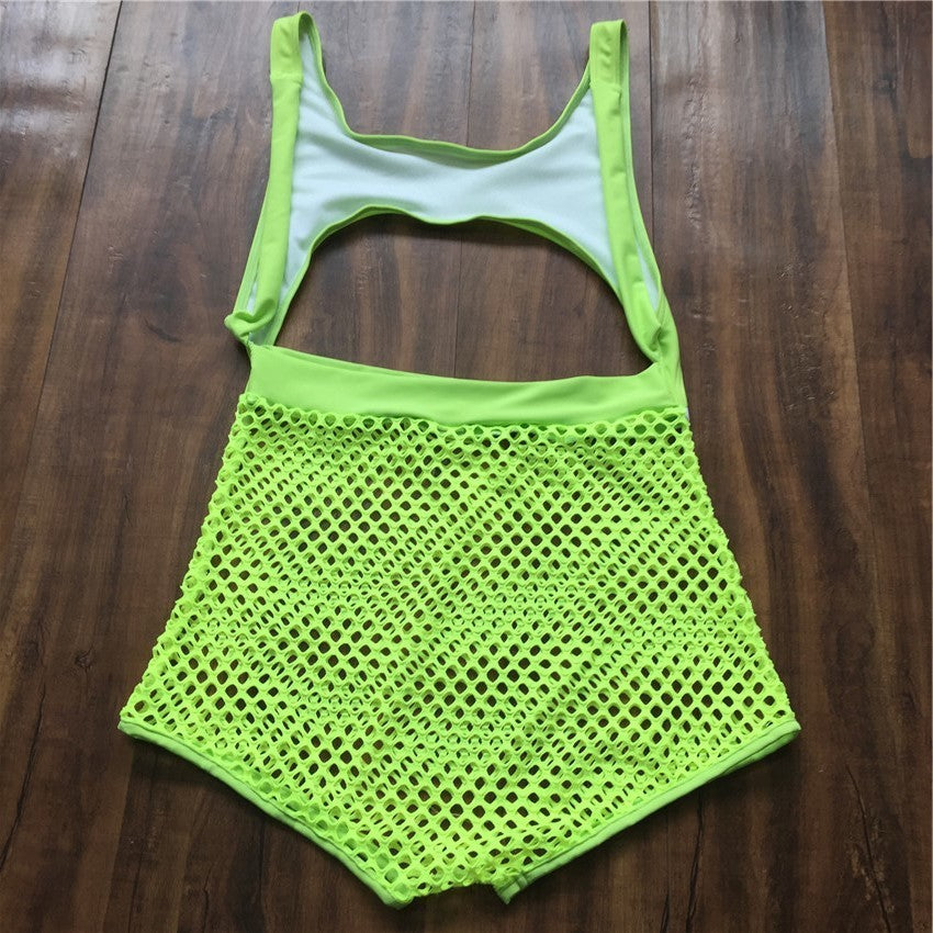 Neon Fishnet High Waisted Thong Monokini Sets