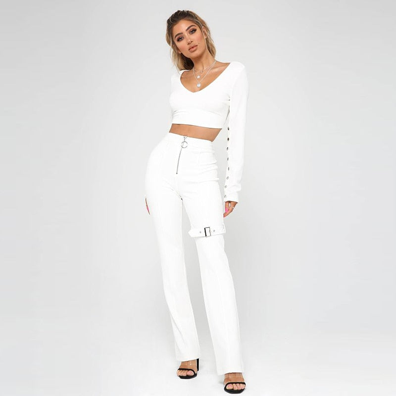 Front Zipper High Waist Pants Leg Buckle Pants