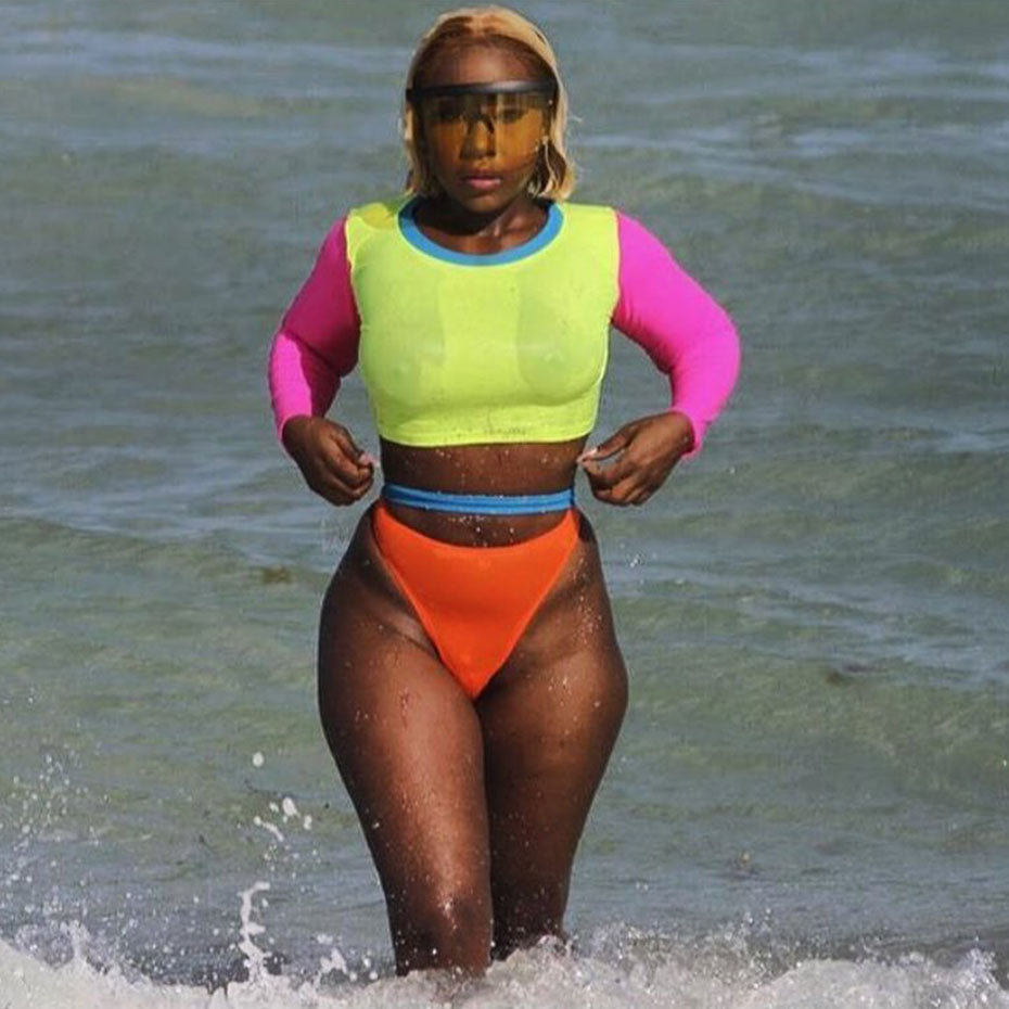 Colorful Fluorescence Long Sleeve Crop Top and Bikini Sets