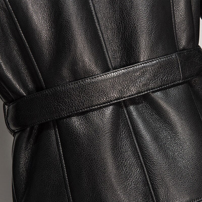 Black Genuine Leather Shearling Coat Long