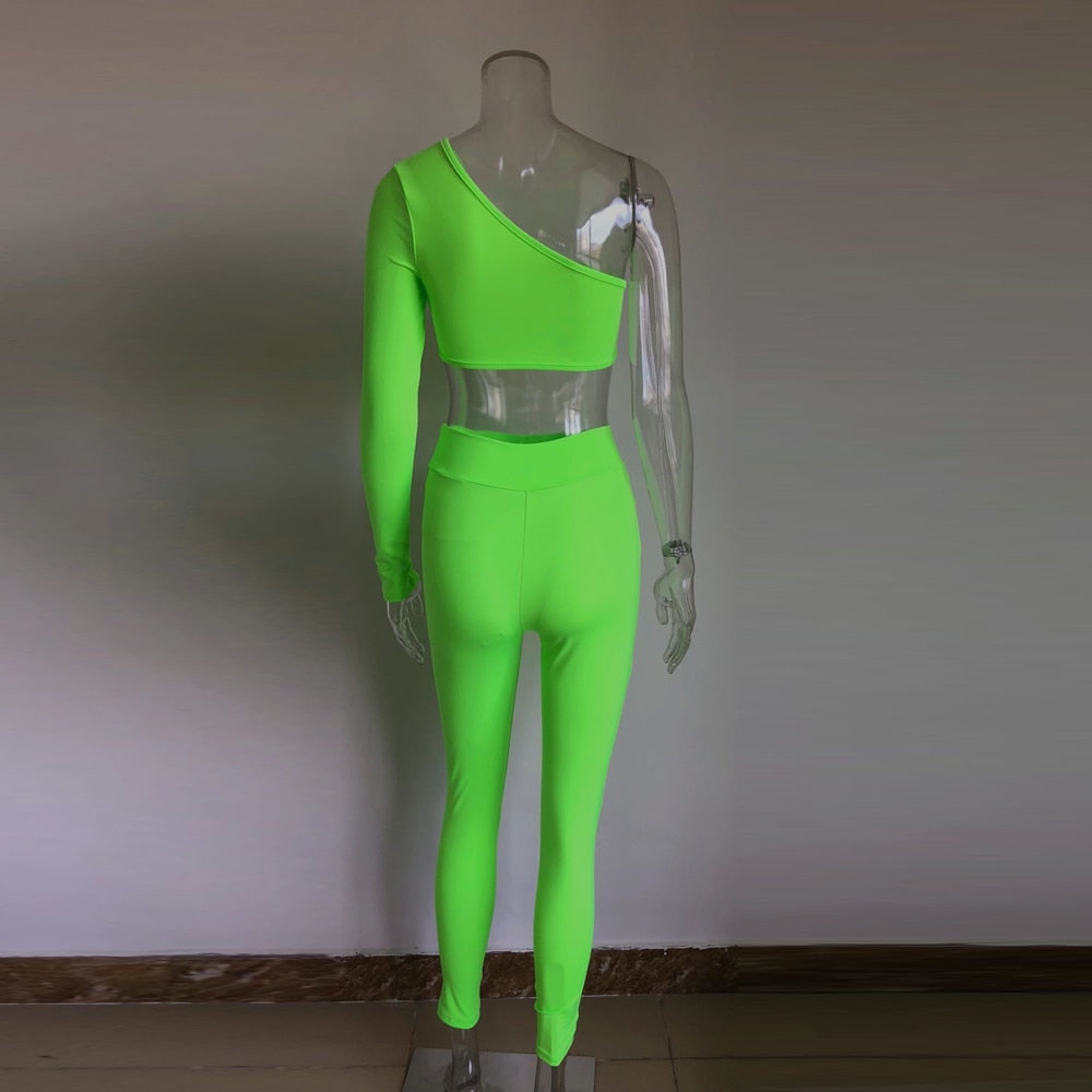 Neon Green/Orange One Shoulder One Sleeve Jumpsuits