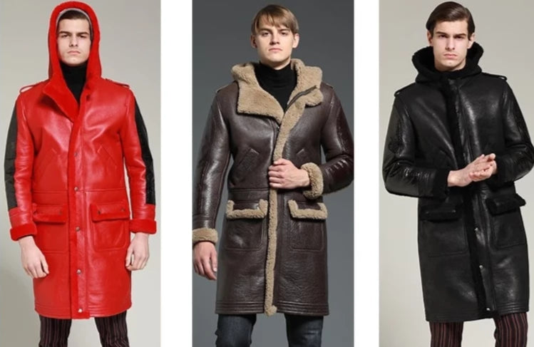 Genuine Leather Real Shearling Fur Lining Hooded Long Coats