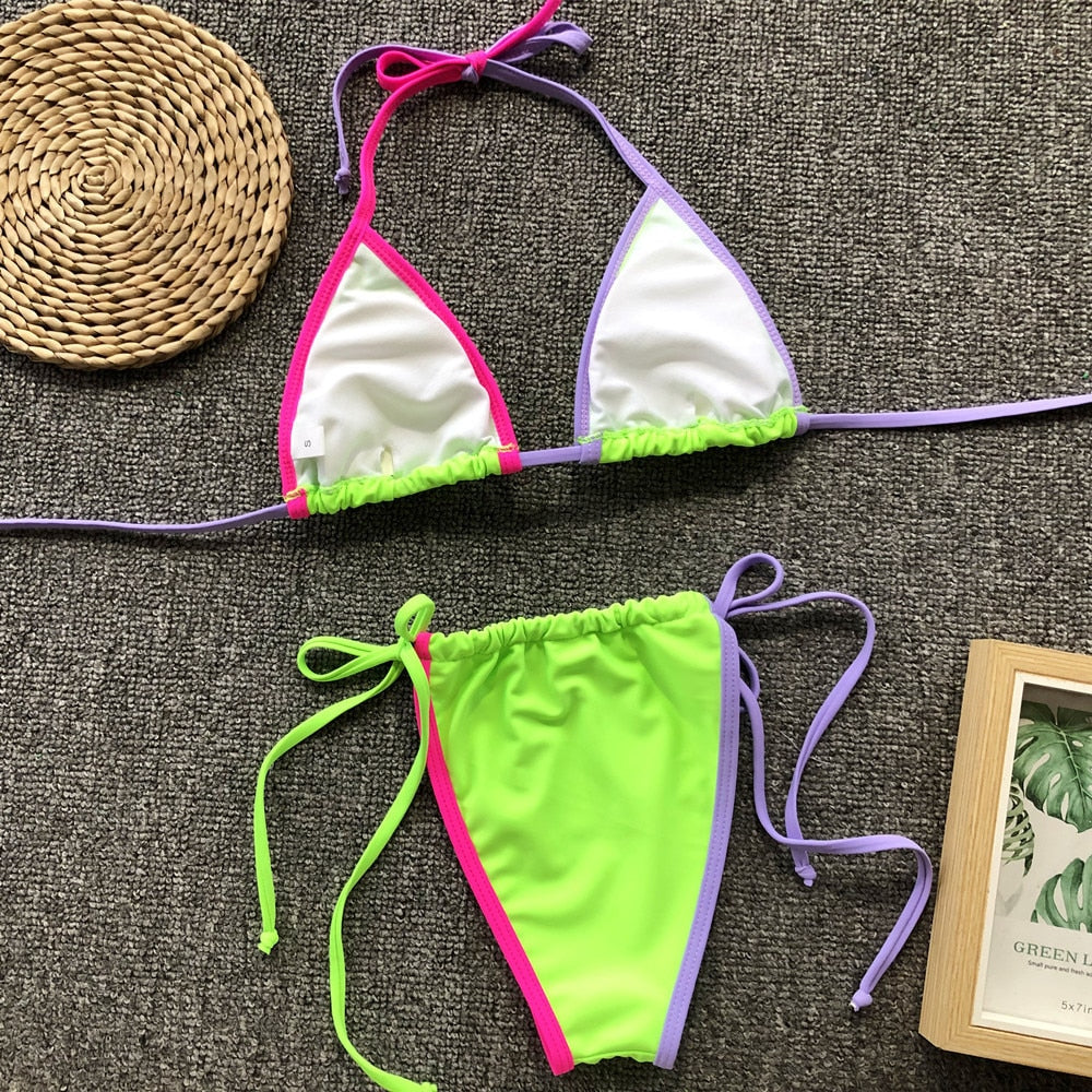 Halter V Neck Candy Color Bikini Sets