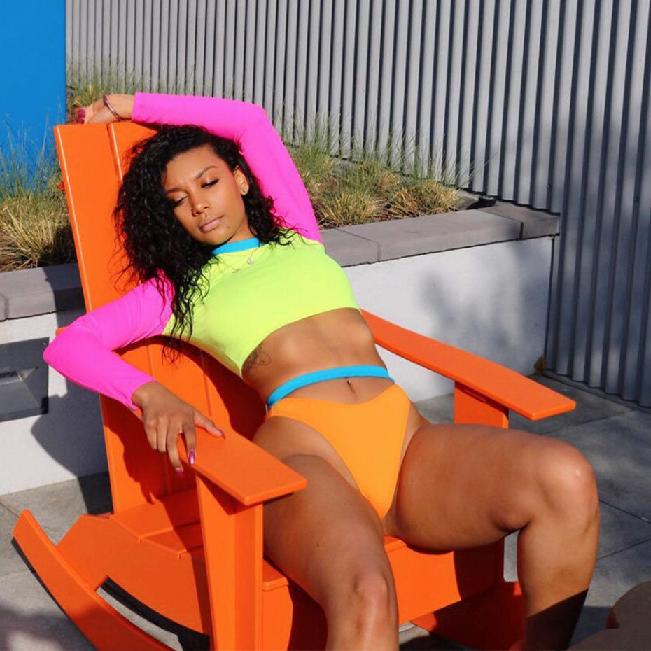 Colorful Fluorescence Long Sleeve Crop Top and Bikini Sets
