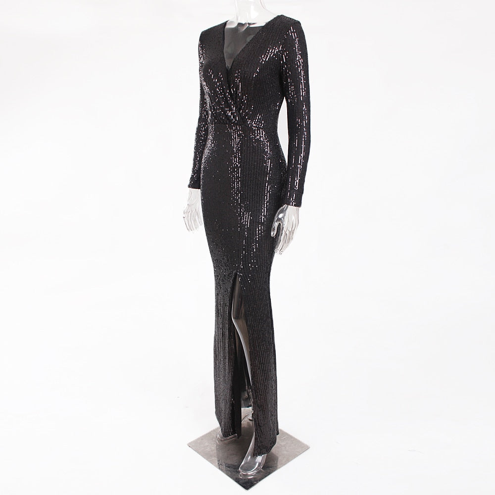 Sequin Stretchy Long Sleeve Maxi Dresses