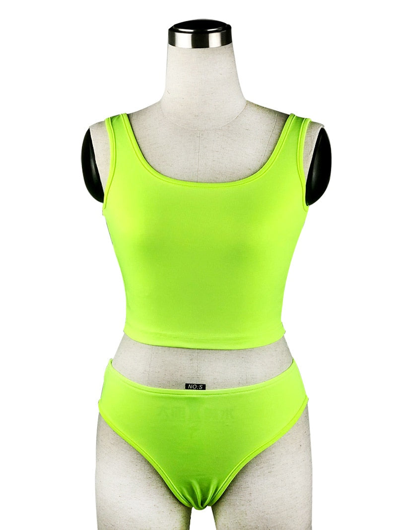 Neon Crop Tank Top High Waist Bikini Sets