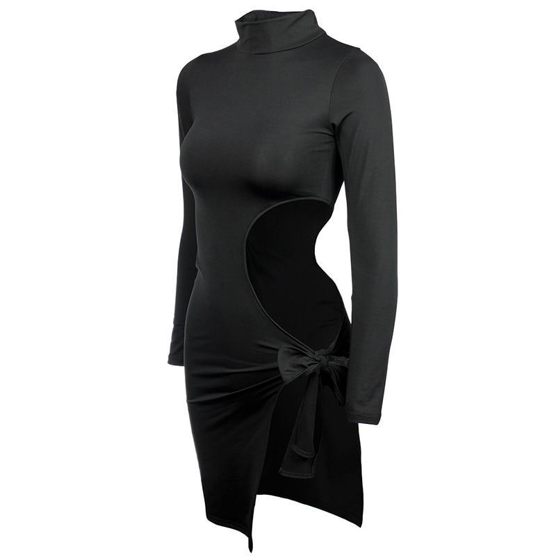 Turtleneck Long Sleeve Hollow Out Bow Side Split Bodycon Dresses