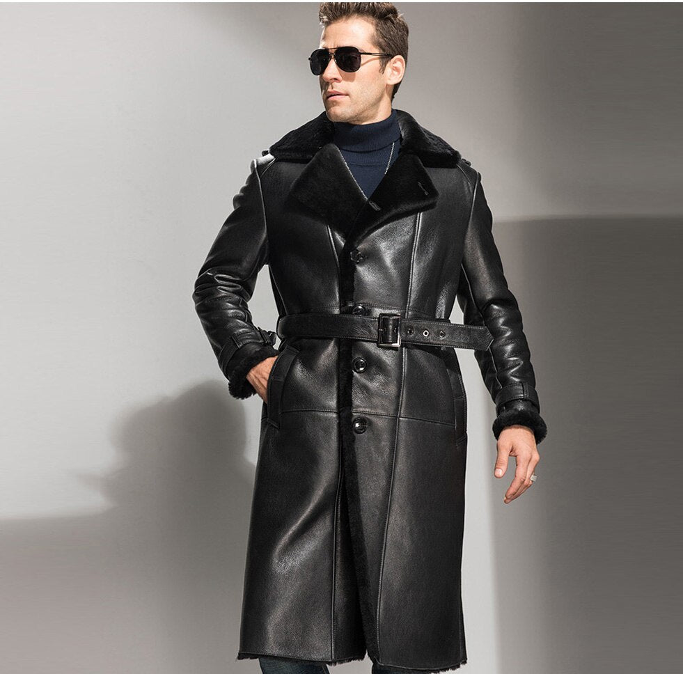 Black Genuine Leather Shearling Coat Long