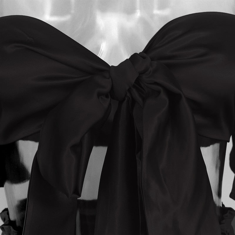 V Neck Ruffle Bow Tie Crop Top and Skirt Sets