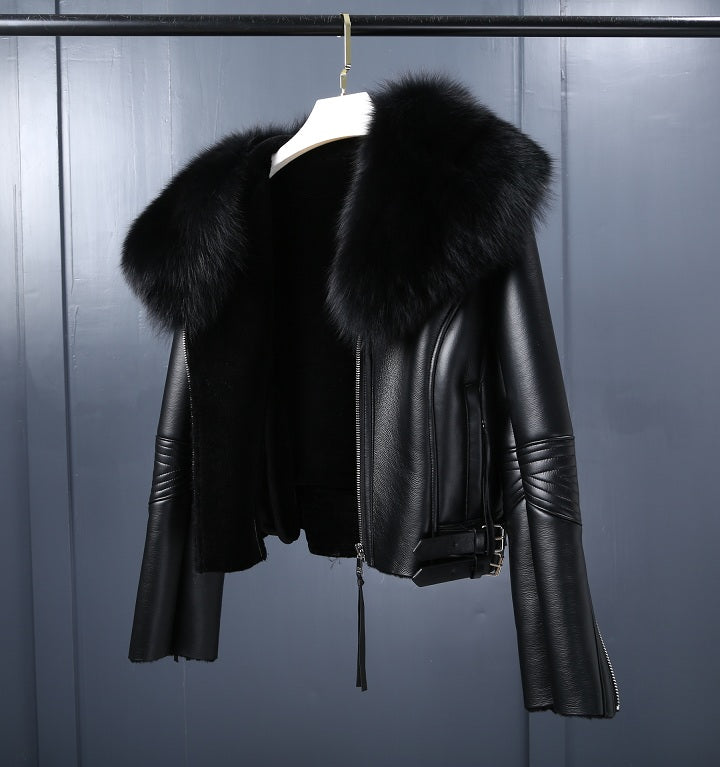 Genuine Leather Jackets Real Fur Collar MOTO Jackets