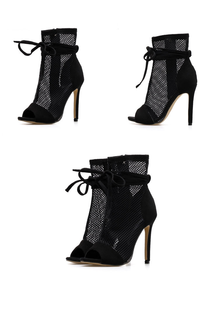 Red & Black Peep-toe Stiletto Bandage Ankle Boots
