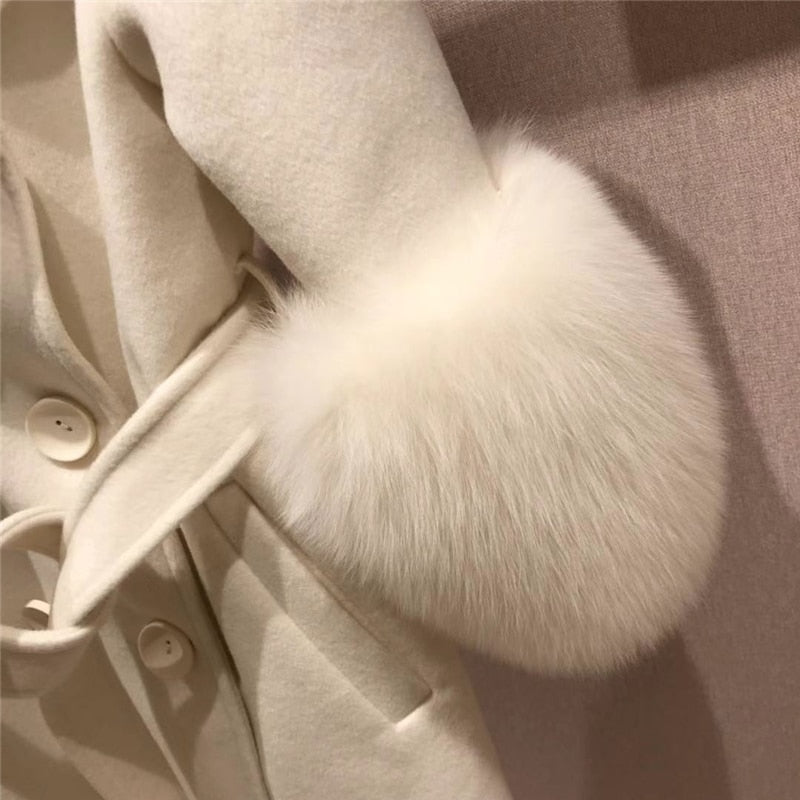 Double Faced Wool Cashmere Real Fox Fur Cuffs Coats