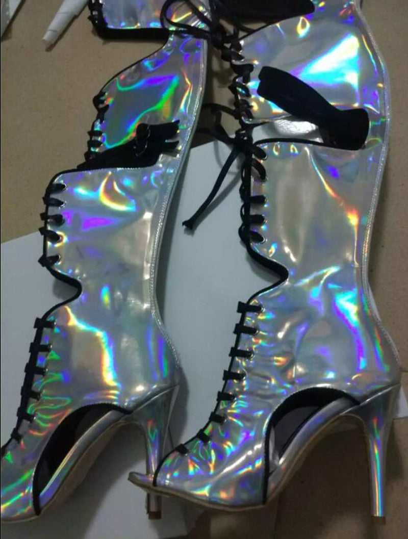 Metallic Thigh High Strap Tie Buckle Stiletto