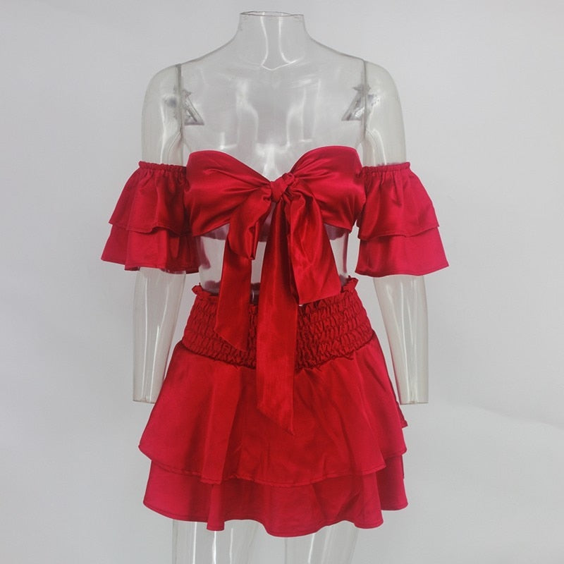 V Neck Ruffle Bow Tie Crop Top and Skirt Sets