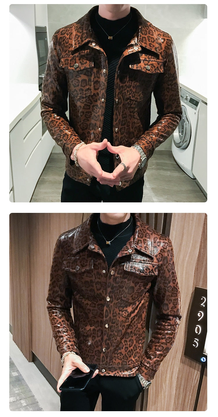 Leopard Print Slim Pu Leather Jackets