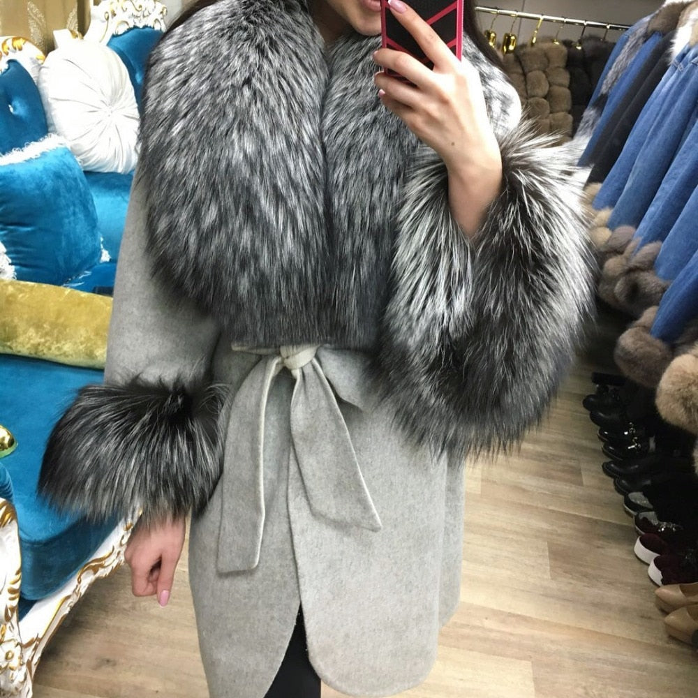 Natural Woolen With Thick Fox Fur Collar/Cuffs Coats