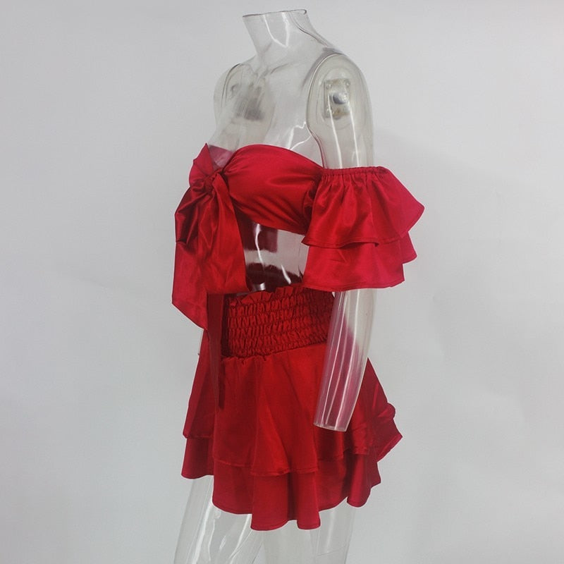 V Neck Ruffle Bow Tie Crop Top and Skirt Sets