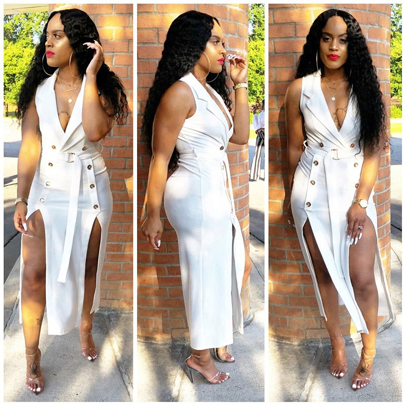 Sleeveless Deep V Buttons Split Hem Waist Belt Dresses