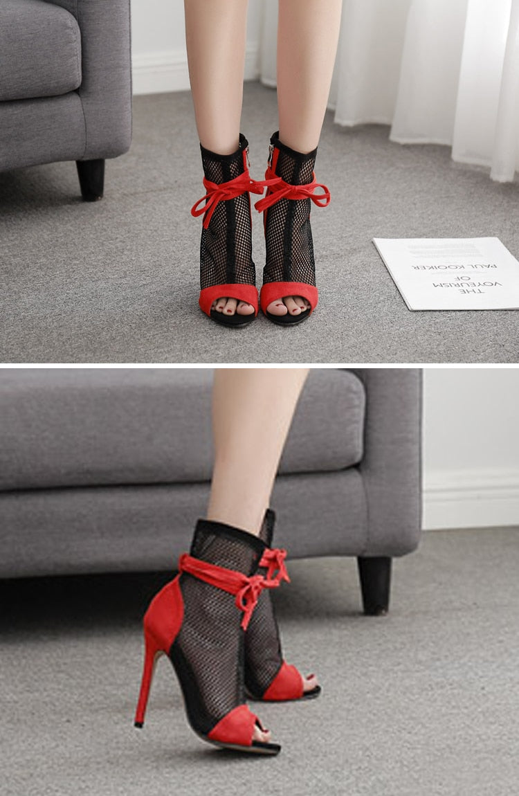 Red & Black Peep-toe Stiletto Bandage Ankle Boots