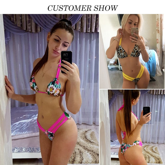 Print Halter Double Strap High Waist Bikini Sets