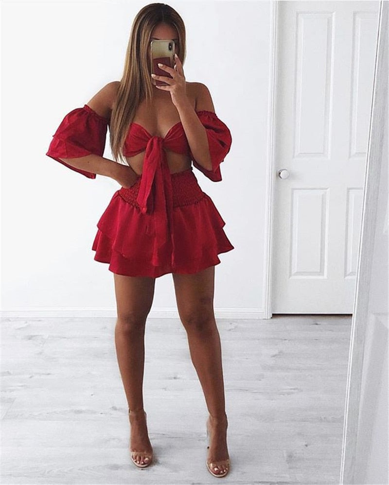 V Neck Ruffle Bow Tie Crop Top and Skirt Sets