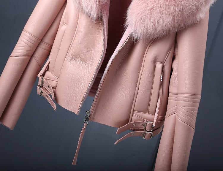 Genuine Leather Jackets Real Fur Collar MOTO Jackets