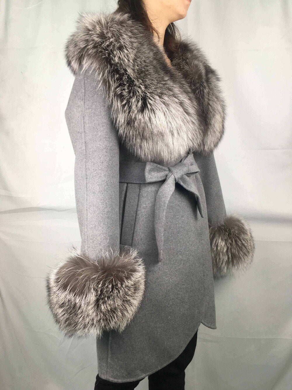 Natural Woolen With Thick Fox Fur Collar/Cuffs Coats
